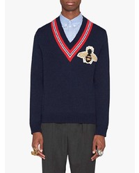 dunkelblauer bestickter Pullover mit einem V-Ausschnitt von Gucci