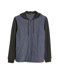 dunkelblauer gesteppter Fleece-Pullover mit einem Kapuze