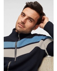 dunkelblauer horizontal gestreifter Pullover mit einem Reißverschluß von TOM TAILOR POLO TEAM