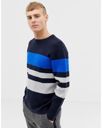 dunkelblauer horizontal gestreifter Pullover mit einem Rundhalsausschnitt von Burton Menswear