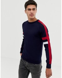 dunkelblauer horizontal gestreifter Pullover mit einem Rundhalsausschnitt von Burton Menswear