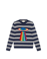 dunkelblauer horizontal gestreifter Pullover mit einem Rundhalsausschnitt von Gucci