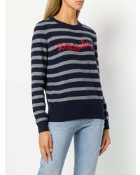 dunkelblauer horizontal gestreifter Pullover mit einem Rundhalsausschnitt von Semicouture