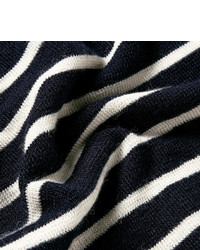 dunkelblauer horizontal gestreifter Pullover mit einem Rundhalsausschnitt