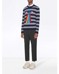 dunkelblauer horizontal gestreifter Pullover mit einem Rundhalsausschnitt von Gucci