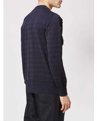dunkelblauer horizontal gestreifter Pullover mit einem Rundhalsausschnitt von Sacai