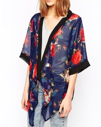 dunkelblauer Kimono mit Blumenmuster von Iska