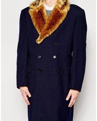 dunkelblauer Mantel mit einem Pelzkragen von Reclaimed Vintage