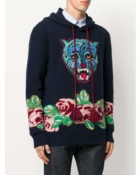 dunkelblauer Pullover mit einem Kapuze mit Blumenmuster von Gucci