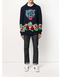 dunkelblauer Pullover mit einem Kapuze mit Blumenmuster von Gucci