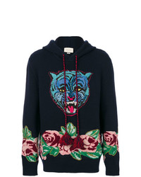 dunkelblauer Pullover mit einem Kapuze mit Blumenmuster von Gucci