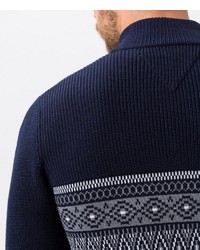 dunkelblauer Pullover mit einem Reißverschluss am Kragen mit Norwegermuster von Brax