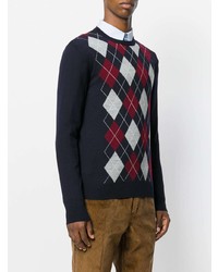 dunkelblauer Pullover mit einem Rundhalsausschnitt mit Argyle-Muster von Prada