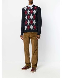 dunkelblauer Pullover mit einem Rundhalsausschnitt mit Argyle-Muster von Prada