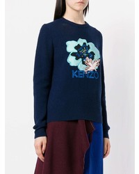 dunkelblauer Pullover mit einem Rundhalsausschnitt mit Blumenmuster von Kenzo