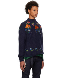 dunkelblauer Pullover mit einem Rundhalsausschnitt mit Blumenmuster von Sacai