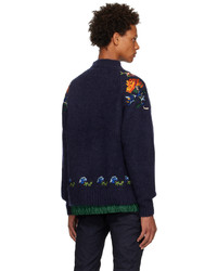 dunkelblauer Pullover mit einem Rundhalsausschnitt mit Blumenmuster von Sacai