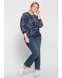 dunkelblauer Pullover mit einem Rundhalsausschnitt mit Blumenmuster von SHEEGO CASUAL