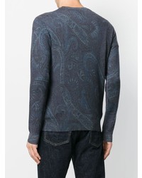dunkelblauer Pullover mit einem Rundhalsausschnitt mit Paisley-Muster von Etro