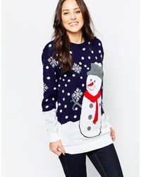dunkelblauer Pullover mit einem Rundhalsausschnitt mit Weihnachten Muster