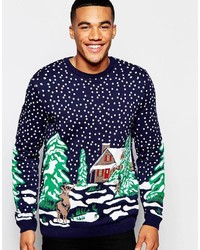 dunkelblauer Pullover mit einem Rundhalsausschnitt mit Weihnachten Muster von Asos