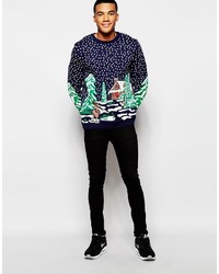 dunkelblauer Pullover mit einem Rundhalsausschnitt mit Weihnachten Muster von Asos