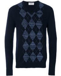 dunkelblauer Pullover mit einem V-Ausschnitt mit Argyle-Muster