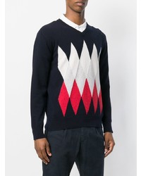 dunkelblauer Pullover mit einem V-Ausschnitt mit Argyle-Muster von Eleventy