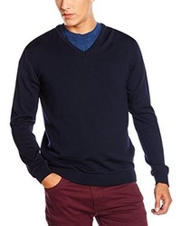 dunkelblauer Pullover mit einem V-Ausschnitt von Paul James Knitwear