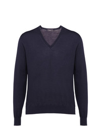 dunkelblauer Pullover mit einem V-Ausschnitt von Prada