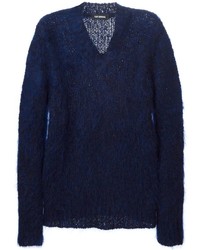 dunkelblauer Pullover mit einem V-Ausschnitt von Raf Simons