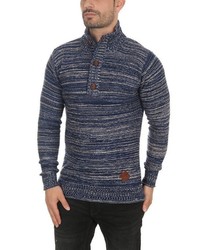 dunkelblauer Pullover mit einem zugeknöpften Kragen von Solid