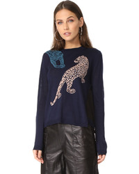 dunkelblauer Pullover mit Leopardenmuster