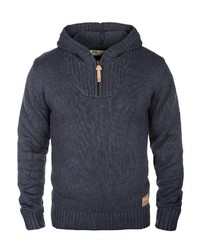 dunkelblauer Strick Pullover mit einem Kapuze von Solid