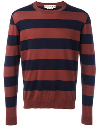 dunkelblauer und roter horizontal gestreifter Pullover mit einem Rundhalsausschnitt von Marni