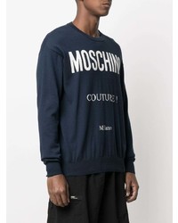 dunkelblauer und weißer bedruckter Pullover mit einem Rundhalsausschnitt von Moschino