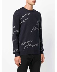 dunkelblauer und weißer bedruckter Pullover mit einem Rundhalsausschnitt von Emporio Armani