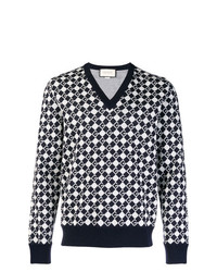dunkelblauer und weißer bedruckter Pullover mit einem V-Ausschnitt von Gucci