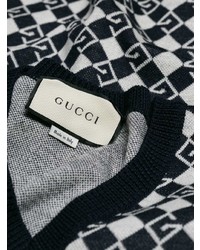 dunkelblauer und weißer bedruckter Pullover mit einem V-Ausschnitt von Gucci