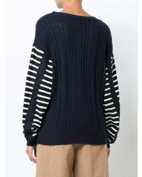 dunkelblauer und weißer horizontal gestreifter Pullover mit einem Rundhalsausschnitt von Y's