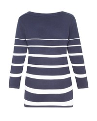 dunkelblauer und weißer horizontal gestreifter Pullover mit einem Rundhalsausschnitt von Hajo