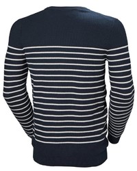 dunkelblauer und weißer horizontal gestreifter Pullover mit einem Rundhalsausschnitt von Helly Hansen