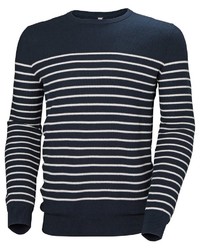 dunkelblauer und weißer horizontal gestreifter Pullover mit einem Rundhalsausschnitt von Helly Hansen