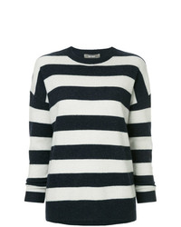 dunkelblauer und weißer horizontal gestreifter Pullover mit einem Rundhalsausschnitt von Jac+ Jack