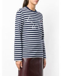 dunkelblauer und weißer horizontal gestreifter Pullover mit einem Rundhalsausschnitt von MAISON KITSUNE