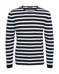 dunkelblauer und weißer horizontal gestreifter Pullover mit einem Rundhalsausschnitt von Matinique