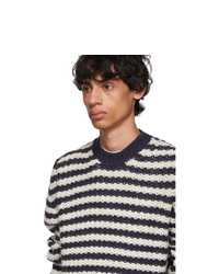 dunkelblauer und weißer horizontal gestreifter Pullover mit einem Rundhalsausschnitt von Prada