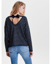 dunkelblauer und weißer horizontal gestreifter Pullover mit einem Rundhalsausschnitt von Only