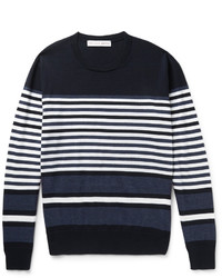 dunkelblauer und weißer horizontal gestreifter Pullover mit einem Rundhalsausschnitt von Orlebar Brown