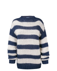 dunkelblauer und weißer horizontal gestreifter Pullover mit einem Rundhalsausschnitt von Prada